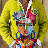 Oil Painting Freda Portrait Art Printed Buttoned Cardigan