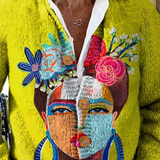 Oil Painting Freda Portrait Art Printed Buttoned Cardigan