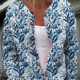 Elegant Blue And White Floral Pattern Print Buttoned Cardigan