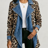 Victoria | Leopard Print & Washed Denim Paneled Mid-Length Jacket