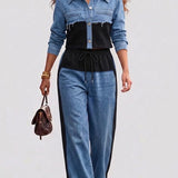 Natalie | Colour-Block Cropped Jacket & Wide-Leg Trousers Set
